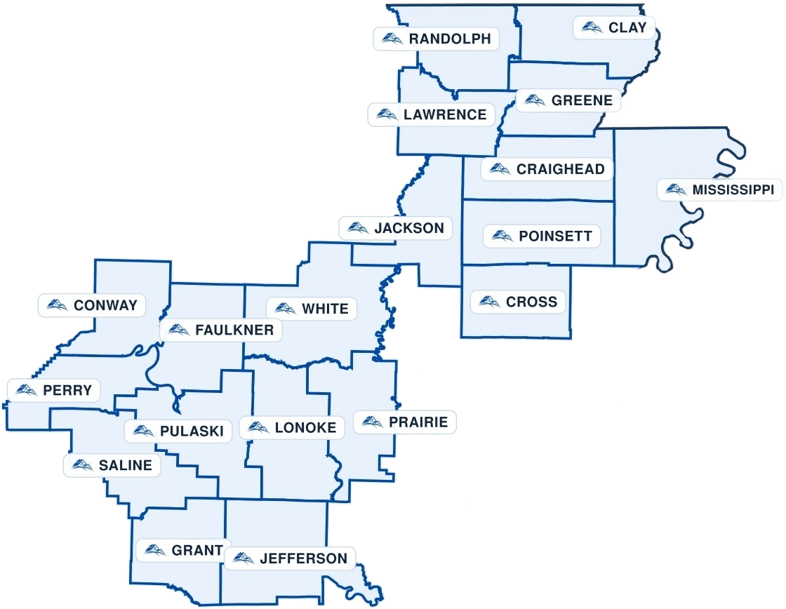 Map of counties near Premier service areas in Central and Northeast Arkansas