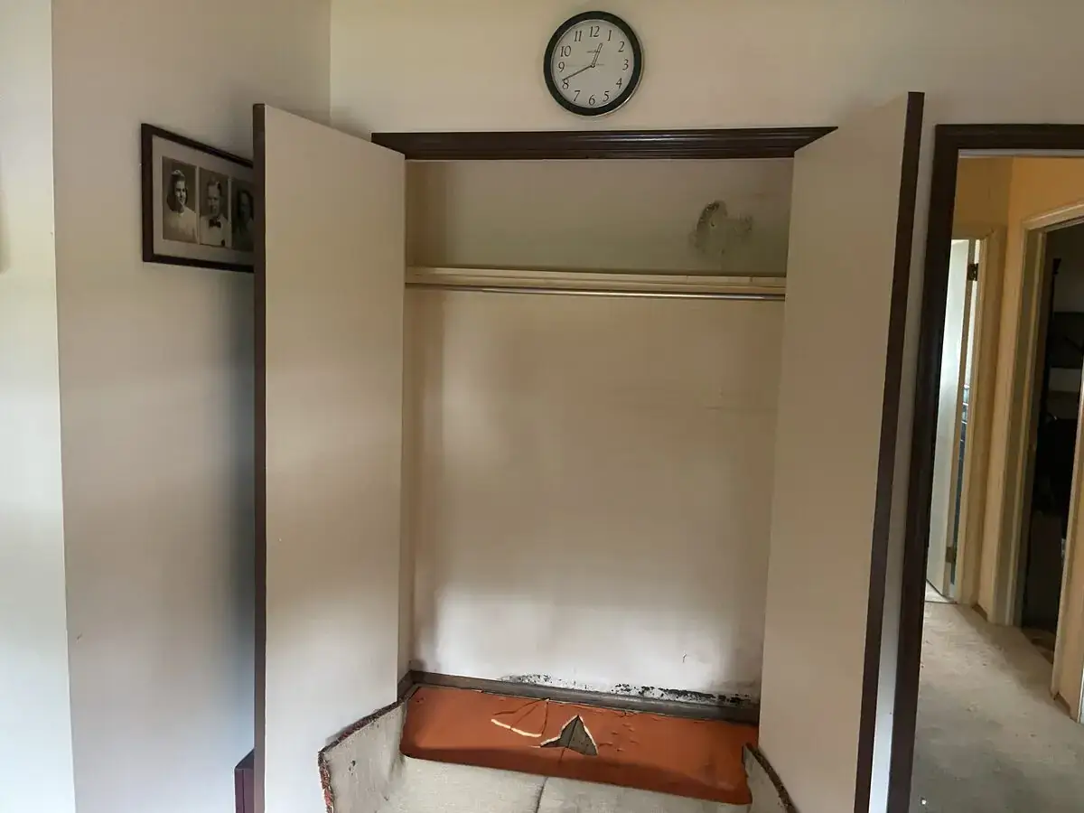 Open closet before remediation, showing dark growth and damage along the lower back wall.